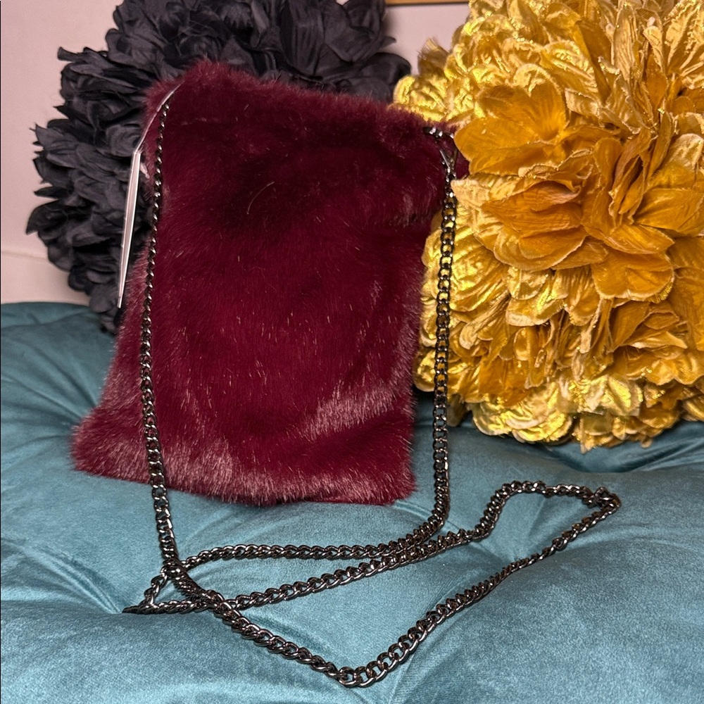 Belle Fare Wine Faux Fur Crossbody Bag with Chain Strap